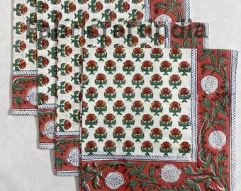 Mecca Orange Border Napkins, Hand-Block Printed Cotton Cloth Floral Napkins for Home Decor, Wedding reception, Events & Dining, Pub, Patio
