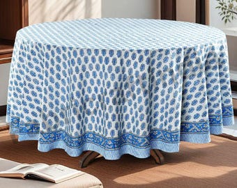 Cerulean Blue Round Tablecloth, Hand Block Printed Eco-Friendly Home Essentials Biodegradable Cotton Table Cover for Home Wedding Event Gift