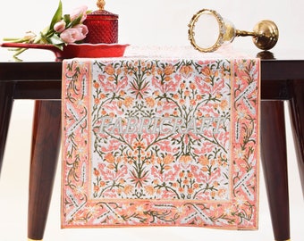 Table Runner, Sassy and Salmon Pink Indian Hand Block Floral Printed Cotton Cloth Vintage Runner, Home Decor, Mid Century, Fireplace Runner