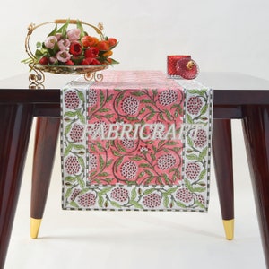 Table Runner, Strawberry Pink Indian Hand Block Floral Printed Cotton Cloth Vintage Table Runner, Home Decor, Mid Century, Fireplace Runner