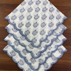 Sky Blue Border Embroidery Napkins, Floral Indian Hand Block Printed Cotton Cloth Reusable Napkins for Home Decor, Wedding, Party, School