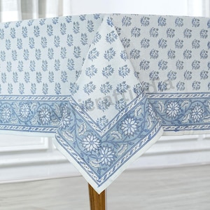 Beau Blue Indian Floral Hand Block Printed Cotton Tablecloth, Table Cover for Wedding Tables, Home, Restaurant, Dining Table, Picnic, Events