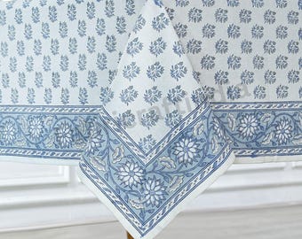 Sky and Beau Blue Indian Floral Hand Block Printed Cotton Tablecloth, Table Top, French Table Cover for Wedding Events, Home Decor, Outdoor