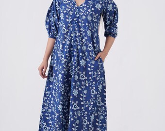 Blue Floral Cotton Block Printed Long Maxi Dress with Pocket, Summer Comfort Travel Dress for Women, Designer Boho Bridesmaids Wedding Wear