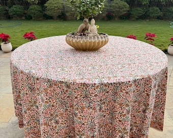 Round Tablecloth, Sassy and Salmon Pink Indian Hand Block Floral Printed Table Cover, French Tablecloth, Botanical Prints, Home and Living