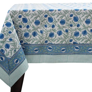 Tablecloth, Queen Blue, Celadon Green Indian Floral Hand Block Printed Table Cover, French Tablecloth, Pomegranate Print Dinning Tablecloth