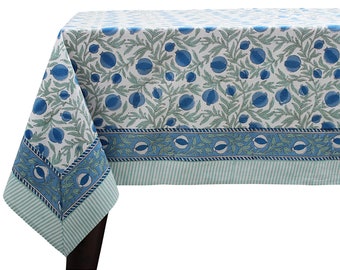Tablecloth, Queen Blue, Celadon Green Indian Floral Hand Block Printed Table Cover, French Tablecloth, Pomegranate Print Dinning Tablecloth