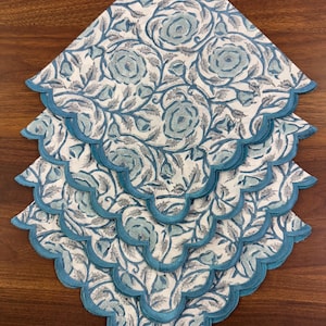 Dusty Blue Embroidery Napkins, Floral Hand-Block Printed Cotton Handmade Vintage Embroidery Napkins for Wedding Events, Home Decor, Gift