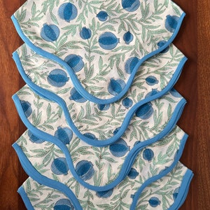 Queen Blue Piping Napkins, Indian Floral Hand Block Printed Cotton Cloth Napkins for Wedding Events, Home Decor, Restaurant, Party, Gifts