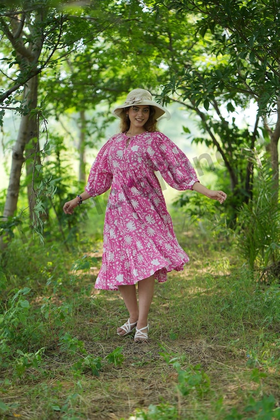 hot pink cotton dress for women Hot Pink Floral Design Pure Cotton Dress With Pocket, Hand Block Printed  Summer Maxi Beach Outfit for Women, Bohemian Dress, Gift for Her