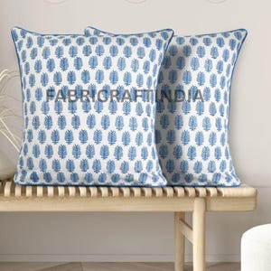 18", 20", 24" Cerulean Blue Hand Block Print Pillow Cover: Indian Cotton Cushion