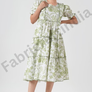 Emerald Green Floral Cotton Fabric Midi Dress, Hand Block Printed Cottagecore Boho Dress with Ruffle Sleeves, Designer Dress for Women