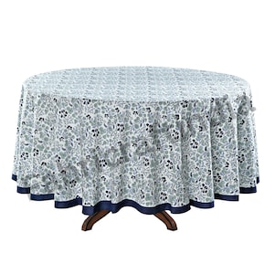 Mantel redondo azul vaquero, estampado a mano, ecológico, esencial para el hogar, de algodón biodegradable, ideal para bodas, eventos y regalos.
