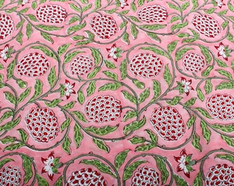Strawberry Pink Indian Floral Hand-Block Printed Cotton Cloth Fabric by Yard for Sewing Dress, Women&#39;s Clothing, Cushions, Curtains, Napkins