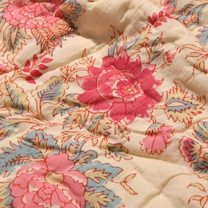 Hand-Printed Cotton Quilt, Floral Comforter, Oversized Bed Throw Blanket image 3