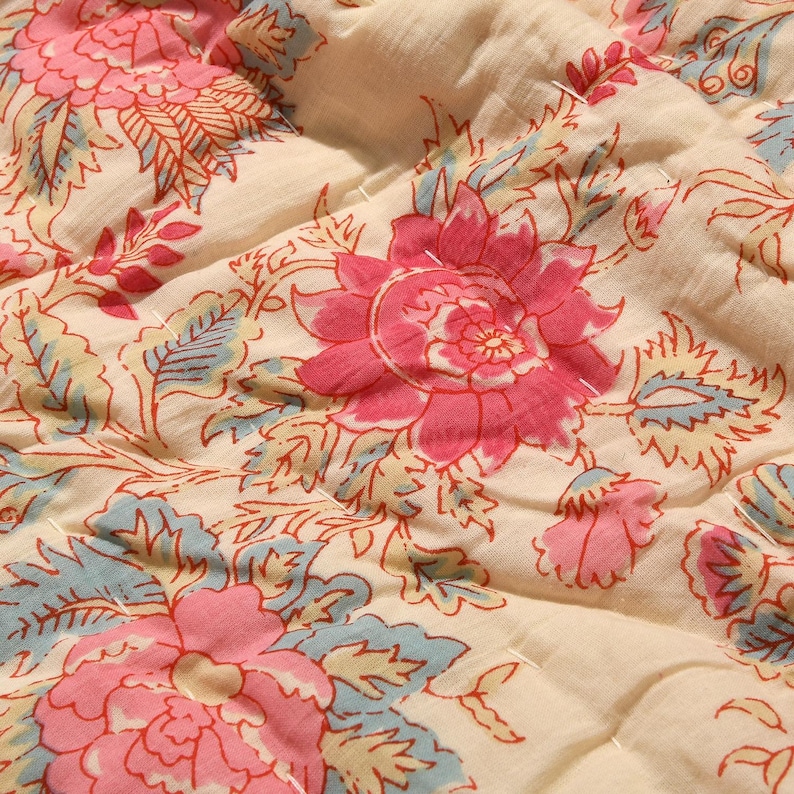Hand-Printed Cotton Quilt, Floral Comforter, Oversized Bed Throw Blanket image 3
