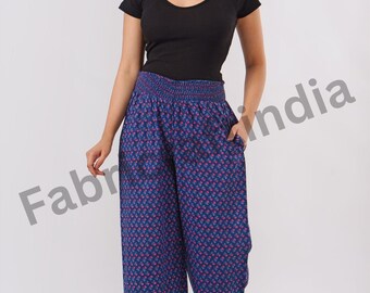 Millennial Blue Women Cotton Hand Printed Pant with Pockets Boho Style Lightweight Cotton Trousers, Bobbin Elastic on Waist, Ankle Length