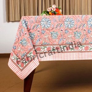 Peach and Berry Blue Indian Floral Hand Block Printed Cotton Table Cover, House Parties, Wedding Decor, Home Party, Room Decor, Garden, Gift