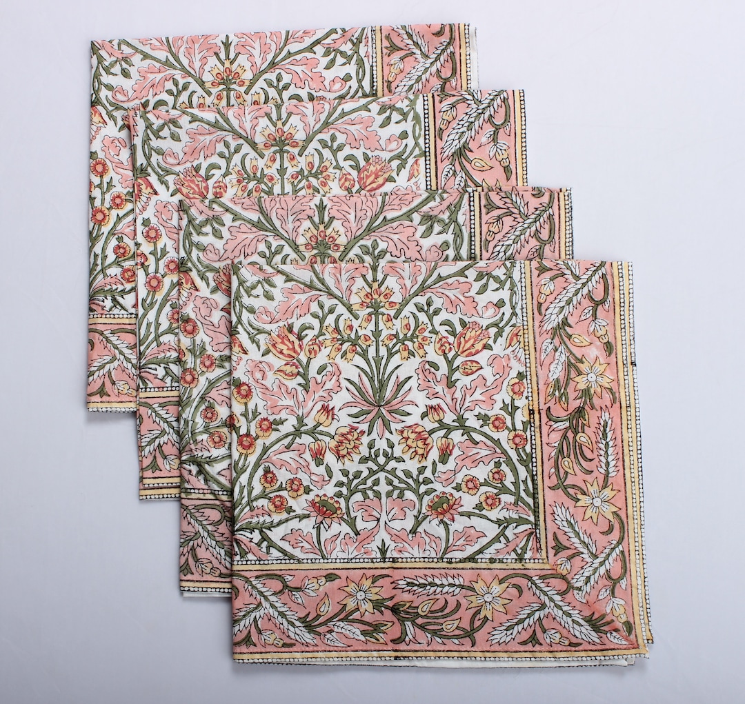 Border Napkins, Sassy and Salmon Pink Indian Floral Hand Block Printed