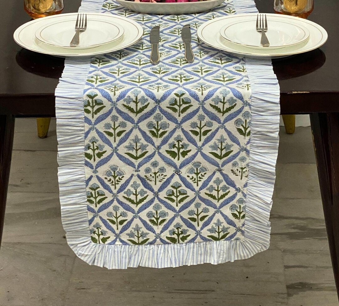 Vintage-inspired Ruffle Edge Table Runner, Light Steel Blue Block ...