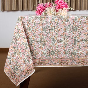 Tablecloth, Sassy and Salmon Pink Indian Hand Block Floral Printed Cotton Table Cover, Table Top, French Tablecloth, Wedding Home Fall Table