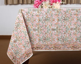 Tablecloth, Sassy and Salmon Pink Indian Hand Block Floral Printed Cotton Table Cover, Table Top, French Tablecloth, Wedding Home Fall Table