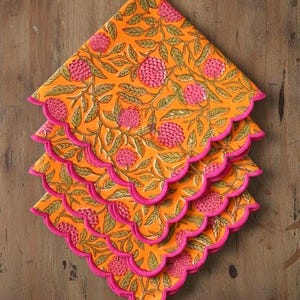Tangerine Orange Embroidery Napkins, Floral Hand Block Printed Cotton Cloth Reusable Napkins for Home Decor, Wedding, Party, School, 18X18"