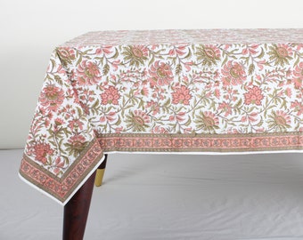 Tablecloth, New York Pink and green Indian Hand Block Printed Cotton Floral Table Cover, Thanksgiving Holiday Wedding Home Party Restaurant