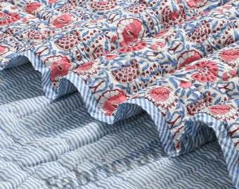 Pigeon Blue Comforter Quilt, Hand Block Printed Cotton Quilted Throw Blanket Cover for Couch, Bed, Lap, Bedding Coverlet, Oversized Quilt