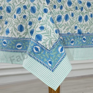 Queen Blue Indian Pomegranate Hand Block Printed Tablecloth, French Table Cover for Wedding Decor, Home Decor, Room Decor, Outdoor, Garden