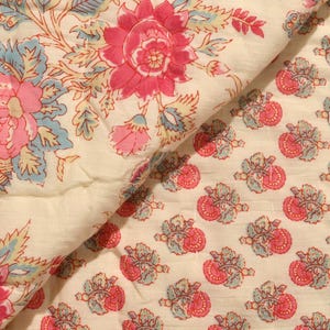 Hand-Printed Cotton Quilt, Floral Comforter, Oversized Bed Throw Blanket image 9
