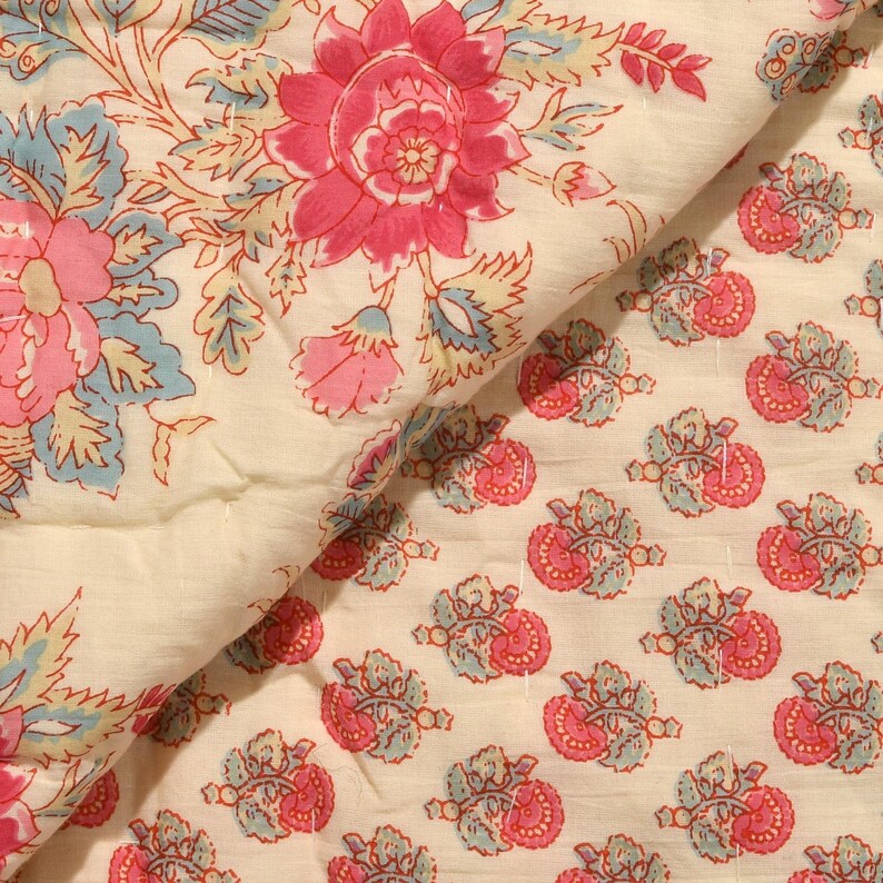 Hand-Printed Cotton Quilt, Floral Comforter, Oversized Bed Throw Blanket image 9