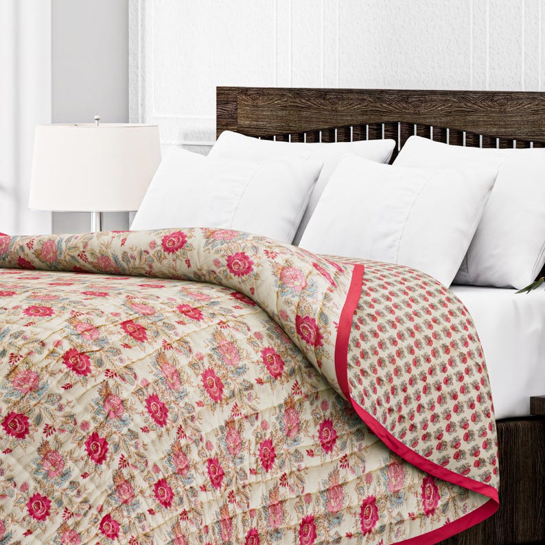Hand-Printed Cotton Quilt, Floral Comforter, Oversized Bed Throw Blanket image 4