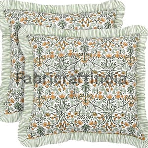 Goldenrod Yellow Floral Ruffle Bed Pillow Cover Square-Shaped Hand Block Printed Pillow Cover 100% Pure Cotton Boho Cover for Bed,Sofa, Gift