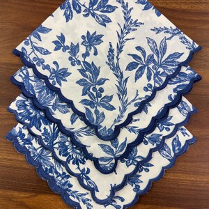 Incremental Blue Napkins Embroidery Scallops, Indian Floral Hand Printed Cotton Cloth Napkins for Wedding Event, Home Decor, Dinner, Gifts