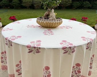 Salmon Pink Floral Tablecloth: Hand Block Printed Cotton