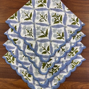 Light Steel Blue Napkins Embroidery Scallops, Indian Floral Hand Block Printed Cotton Cloth Napkins for Wedding Event, Home Decor, Dinner