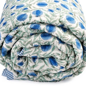 Queen Blue Comforter Quilt Hand Block Printed Cotton Cloth Quilted Throw Blanket Cover- Couch and Bed Lap Bedding Coverlet Oversized Quilts