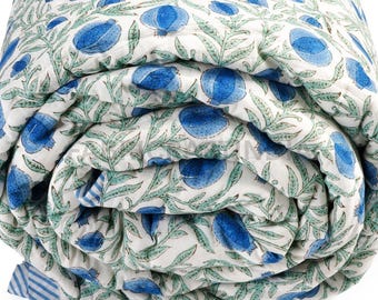 Queen Blue Comforter Quilt Hand Block Printed Cotton Cloth Quilted Throw Blanket Cover- Couch and Bed Lap Bedding Coverlet Oversized Quilts