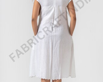 White Linen Plain Midi Dress, Embroidered Scalloped V-neck, Soft Fabric  Mini Dress With Pockets, Comfortable Nightwear Outfit for Women - Etsy