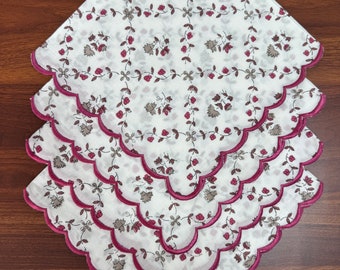 Napkins Embroidery Scallops, Raspberry Rose and Rose Taupe Indian Floral Hand Block Printed Cotton Cloth Napkins, 20x20", Wedding Home Party