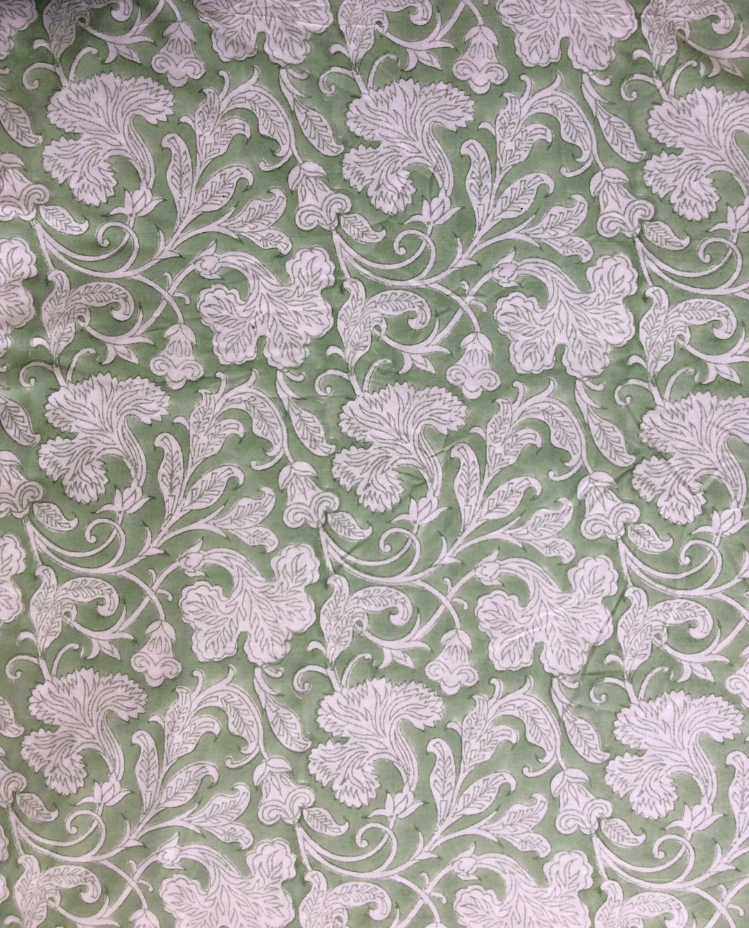 Sage Green Indian Floral Hand-block Printed Cotton Cloth, Fabric by ...