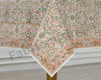 Sassy Pink Floral Indian Hand Block Printed Cotton Tablecloth, Table Top, French Table Cover for Wedding Event, Home Decor, Birthday Party