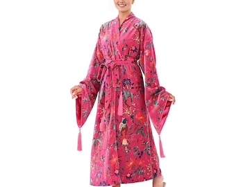OFMD Pink Bird Velvet Banyan Fabric Kimono Cotton Velvet Robe Long, Original OFMD break up robe Printed Kimono With Tassels for Men & Women