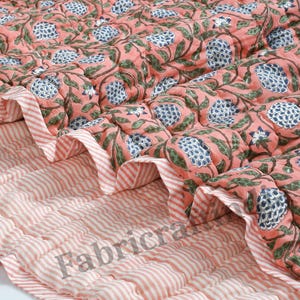 Dark Salmon Pink Comforter Quilt, Hand Block Printed Cotton Cloth Quilted Throw Blanket Cover for Couch, Bed, Lap Bedding Coverlet Oversized
