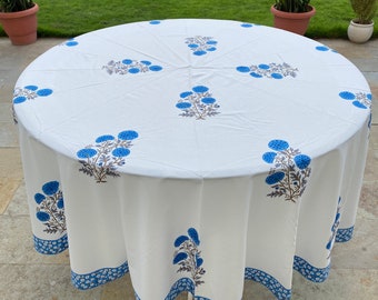 Round Tablecloth, Dodger Blue Indian Hand Block Floral Printed Cotton Cloth Table Cover, Vintage, French Tablecloth, Handmade, Home Decor