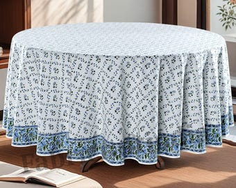 Powder Blue  Round Tablecloth, Hand Block Printed Cotton Washable & Reusable Dining Cover, Rustic Home Decor Custom Topper, Gift Idea Option