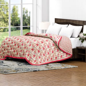 Hand-Printed Cotton Quilt, Floral Comforter, Oversized Bed Throw Blanket image 2
