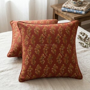 Brown and Golden Pillow Covers, Indian Hand-Printed Leaf Covers, Cushion Covers for Couches, Living Rooms, Bedrooms, Window Seats, Gifts