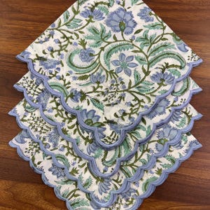 Columbia Blue Scallopes Embroidery Napkins, Floral Indian Hand-Block Printed Cotton Cloth Napkins for Wedding, Home Decor, Housewarming Gift